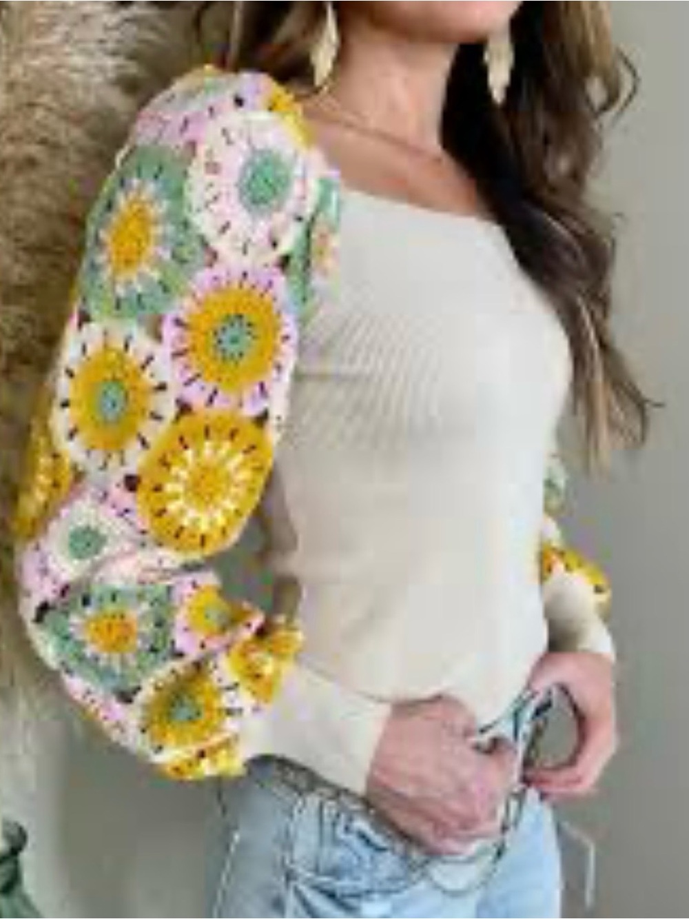 Entro Crochet Daisy Sleeve Top Cottagecore boho NWT